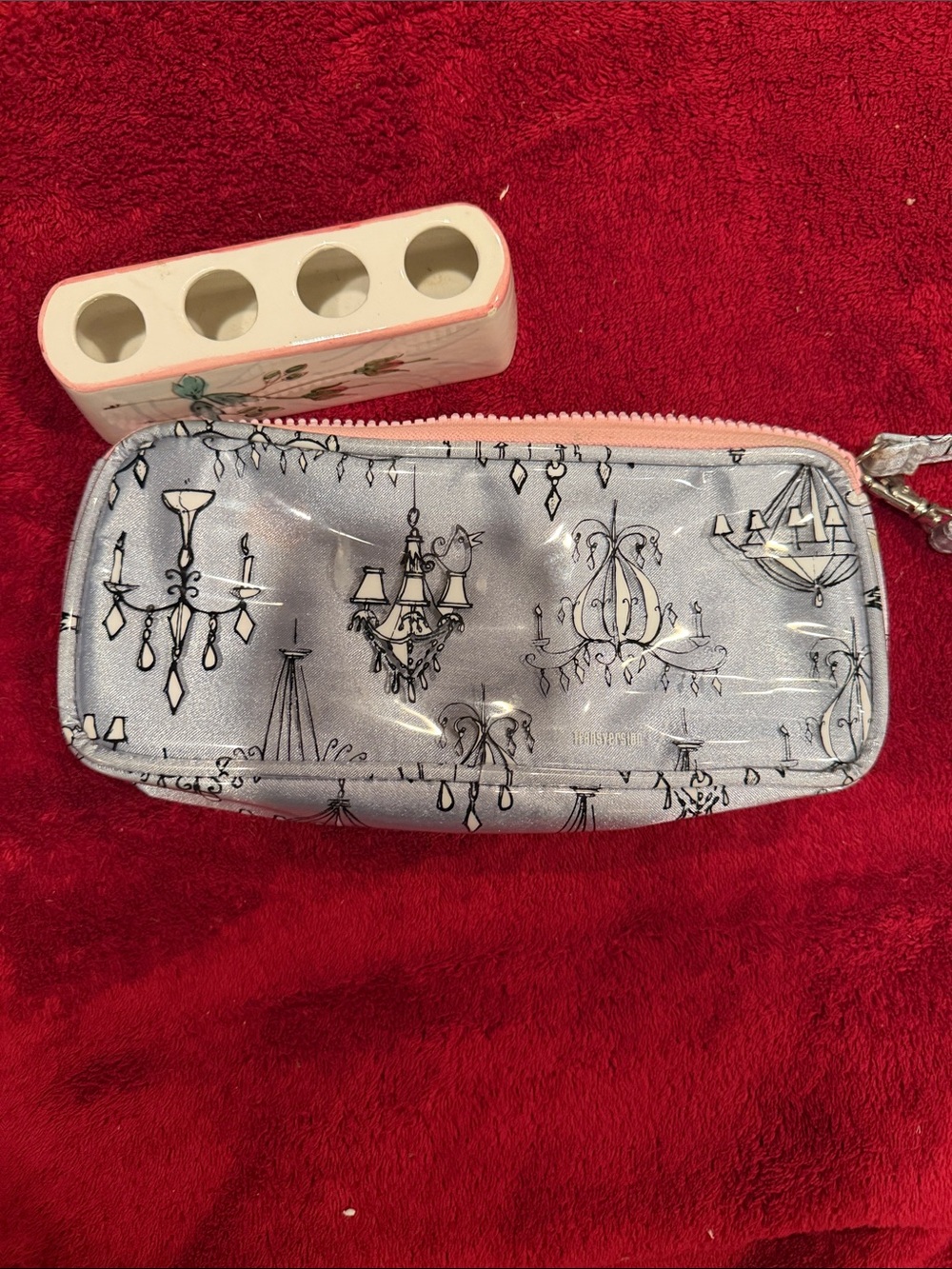 Ceramic lipstick holder and Silver Chandelier Print Cosmetic Wristlet